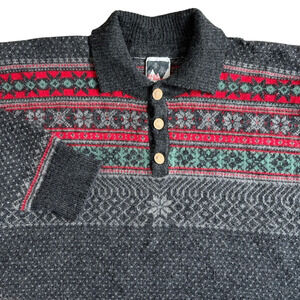 Vtg Dale of Norway Wool Sweater Men's Size XL Fair Isle Gray Red 1/4 Button
